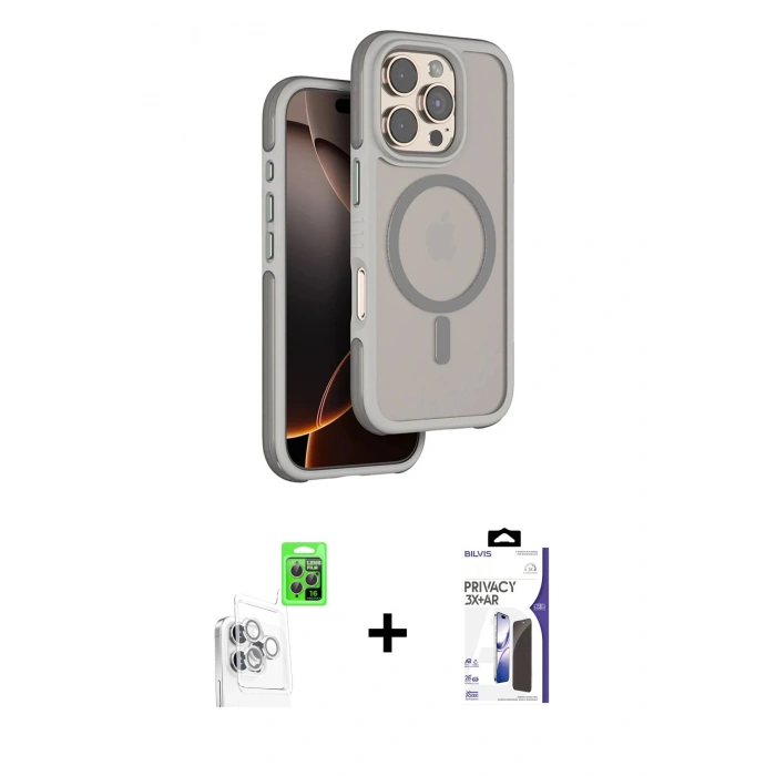 MARSİLYAN™- iPhone 16 Pro Max Kılıf Çekirdek Minimal Prime - Siyah Bilvis 3X AR Hayalet Cam Ekran Koruyucu + Raze Metal Kamera Lens - BZ