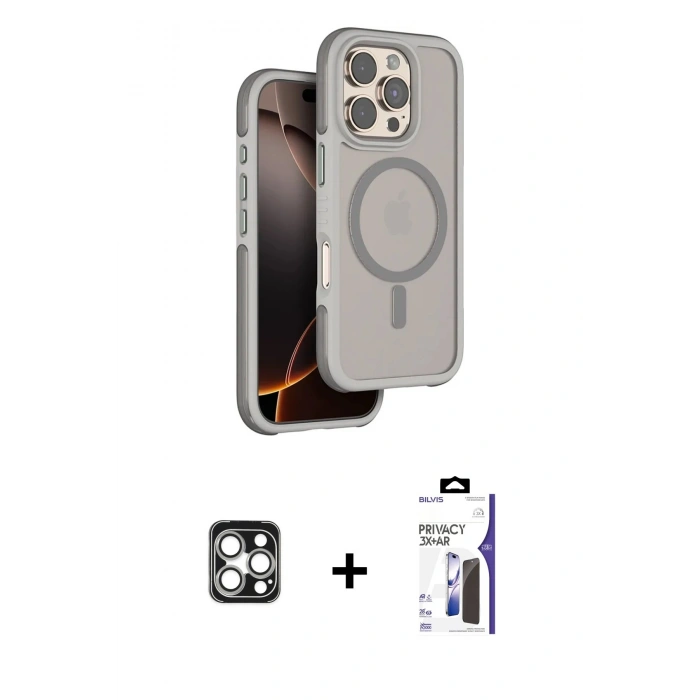 MARSİLYAN™- iPhone 16 Pro Max Kılıf Çekirdek Minimal Prime - Siyah Bilvis 3X AR Hayalet Cam Ekran Koruyucu + PVD Metal Kamera Lens - GS