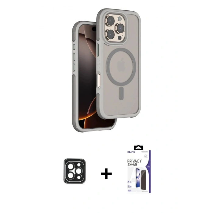 MARSİLYAN™- iPhone 16 Pro Max Kılıf Çekirdek Minimal Prime - Siyah Bilvis 3X AR Hayalet Cam Ekran Koruyucu + PVD Metal Kamera Lens - SH