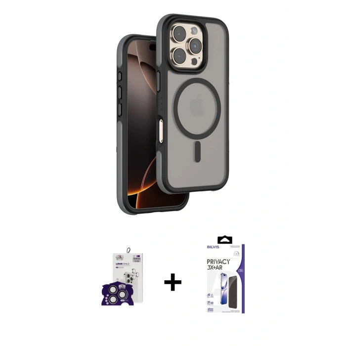 MARSİLYAN™- iPhone 16 Pro Max Kılıf Çekirdek Minimal Prime - Siyah Bilvis 3X AR Hayalet Cam Ekran Koruyucu + Bilvis Titan Kamera Lens - TMGI