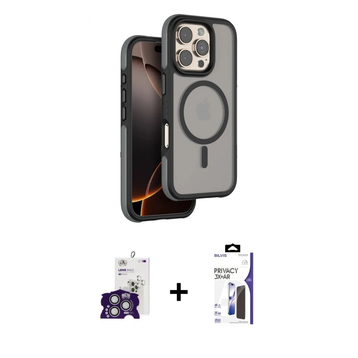 MARSİLYAN™- iPhone 16 Pro Max Kılıf Çekirdek Minimal Prime - Siyah Bilvis 3X AR Hayalet Cam Ekran Koruyucu + Bilvis Titan Kamera Lens - GS
