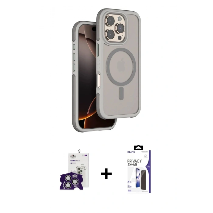 MARSİLYAN™- iPhone 16 Pro Max Kılıf Çekirdek Minimal Prime - Siyah Bilvis 3X AR Hayalet Cam Ekran Koruyucu + Bilvis Titan Kamera Lens - GS