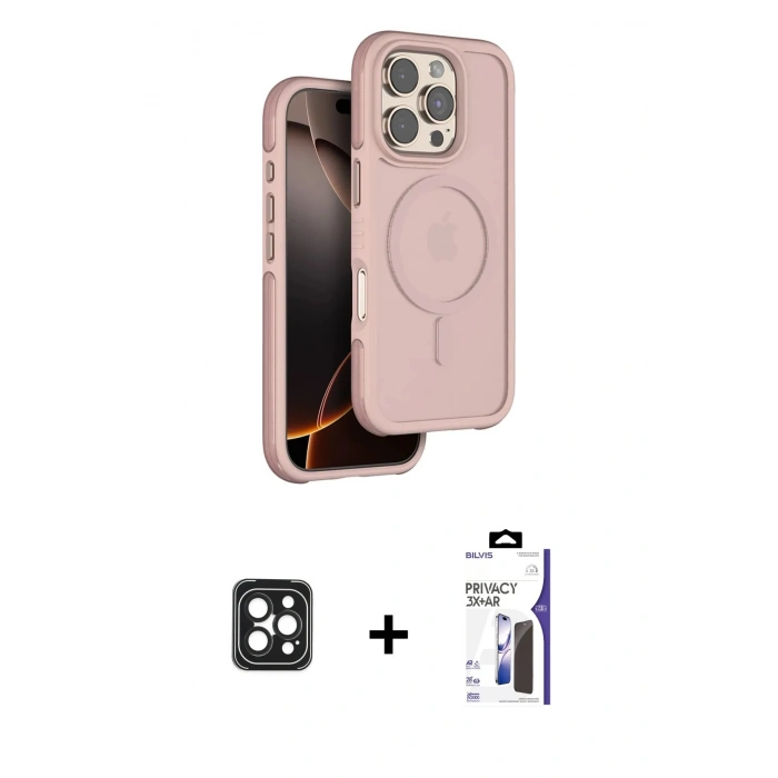 MARSİLYAN™- iPhone 16 Pro Max Kılıf Çekirdek Minimal Prime - Siyah Bilvis 3X AR Hayalet Cam Ekran Koruyucu + PVD Metal Kamera Lens - SH