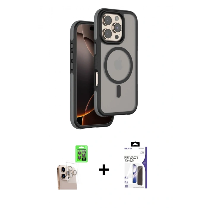 MARSİLYAN™- iPhone 16 Pro Max Kılıf Çekirdek Minimal Prime - Siyah Bilvis 3X AR Hayalet Cam Ekran Koruyucu + Raze Metal Kamera Lens - NLGY