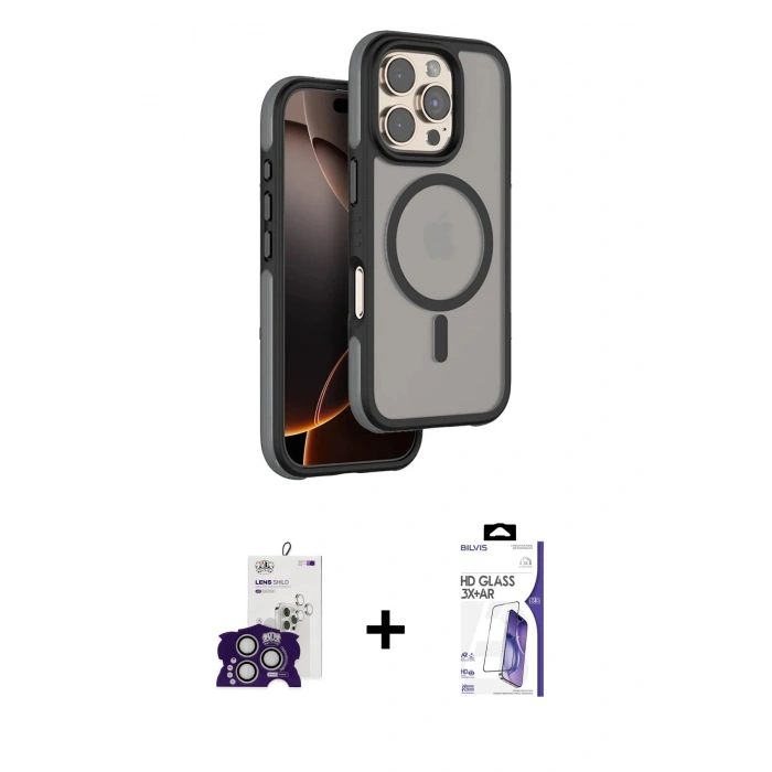 MARSİLYAN™- iPhone 16 Pro Max Kılıf Çekirdek Minimal Prime - Siyah Bilvis 3X AR HD Cam Ekran Koruyucu + Bilvis Titan Kamera Lens - GS