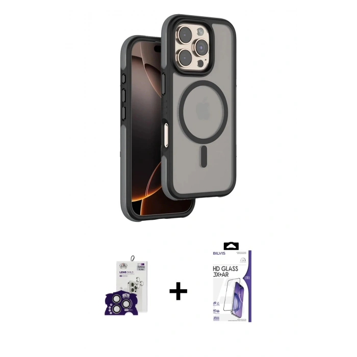 MARSİLYAN™- iPhone 16 Pro Max Kılıf Çekirdek Minimal Prime - Siyah Bilvis 3X AR HD Cam Ekran Koruyucu + Bilvis Titan Kamera Lens - TMGI