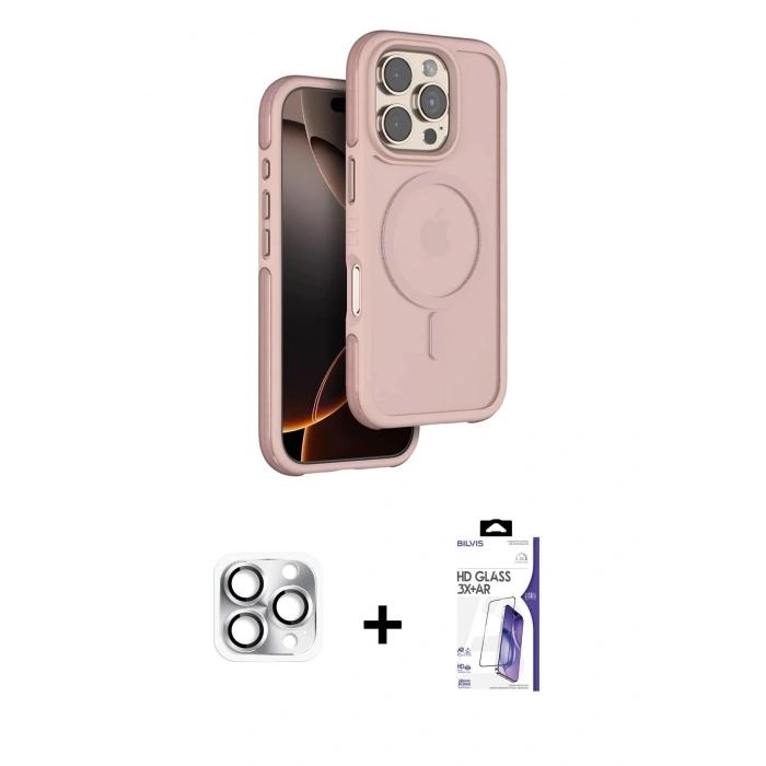 MARSİLYAN™- iPhone 16 Pro Max Kılıf Çekirdek Minimal Prime - Siyah Bilvis 3X AR HD Cam Ekran Koruyucu + Pers Alüminyum Kamera Lens - GS
