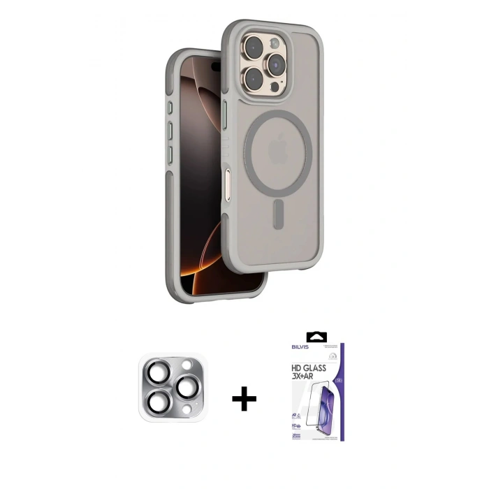 MARSİLYAN™- iPhone 16 Pro Max Kılıf Çekirdek Minimal Prime - Siyah Bilvis 3X AR HD Cam Ekran Koruyucu + Pers Alüminyum Kamera Lens - GI