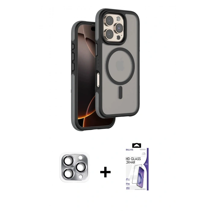 MARSİLYAN™- iPhone 16 Pro Max Kılıf Çekirdek Minimal Prime - Siyah Bilvis 3X AR HD Cam Ekran Koruyucu + Pers Alüminyum Kamera Lens - GI