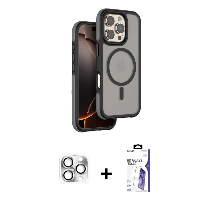MARSİLYAN™- iPhone 16 Pro Max Kılıf Çekirdek Minimal Prime - Siyah Bilvis 3X AR HD Cam Ekran Koruyucu + Pers Alüminyum Kamera Lens - GS