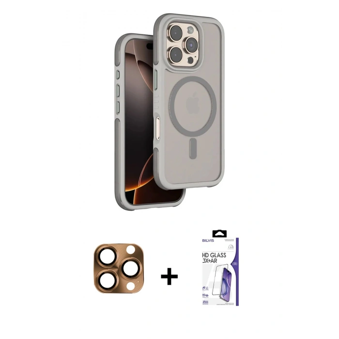 MARSİLYAN™- iPhone 16 Pro Max Kılıf Çekirdek Minimal Prime - Siyah Bilvis 3X AR HD Cam Ekran Koruyucu + Pers Alüminyum Kamera Lens - CLTM