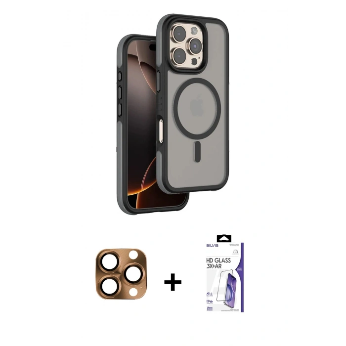MARSİLYAN™- iPhone 16 Pro Max Kılıf Çekirdek Minimal Prime - Siyah Bilvis 3X AR HD Cam Ekran Koruyucu + Pers Alüminyum Kamera Lens - CLTM