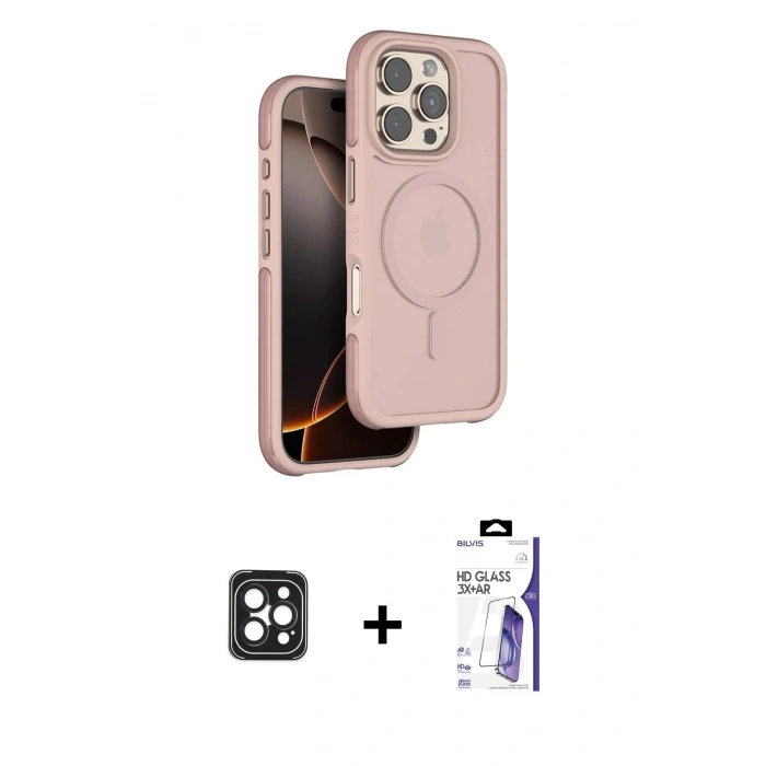 MARSİLYAN™- iPhone 16 Pro Max Kılıf Çekirdek Minimal Prime - Siyah Bilvis 3X AR HD Cam Ekran Koruyucu + PVD Metal Kamera Lens - SH