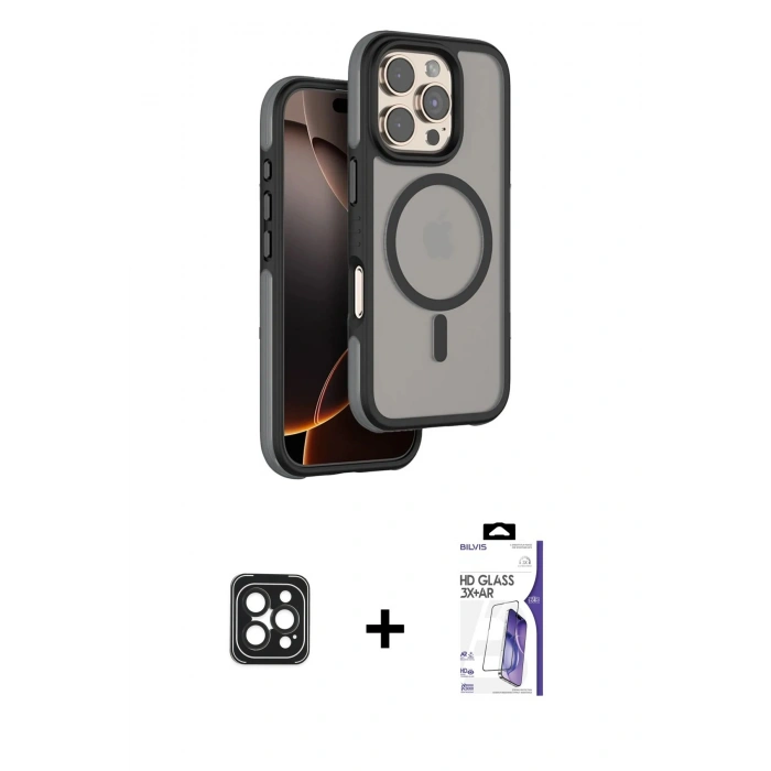 MARSİLYAN™- iPhone 16 Pro Max Kılıf Çekirdek Minimal Prime - Siyah Bilvis 3X AR HD Cam Ekran Koruyucu + PVD Metal Kamera Lens - SH
