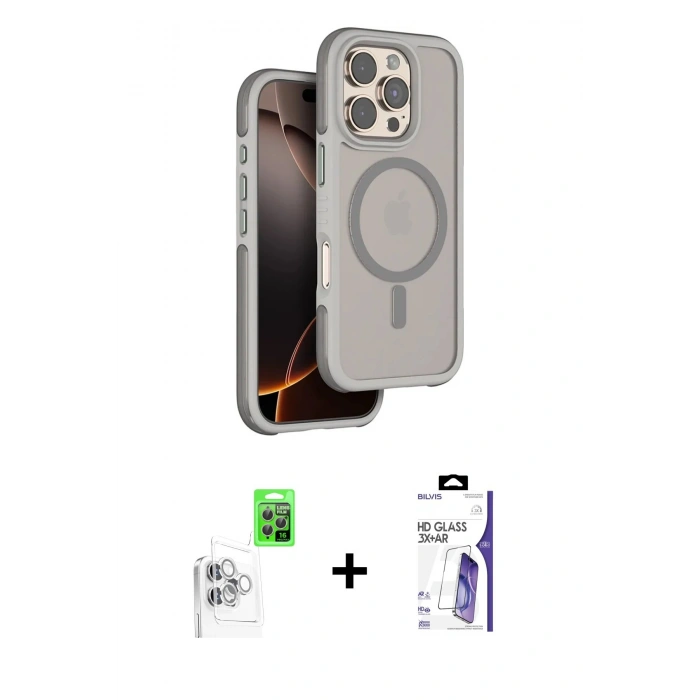 MARSİLYAN™- iPhone 16 Pro Max Kılıf Çekirdek Minimal Prime - Siyah Bilvis 3X AR HD Cam Ekran Koruyucu + Raze Metal Kamera Lens - BZ