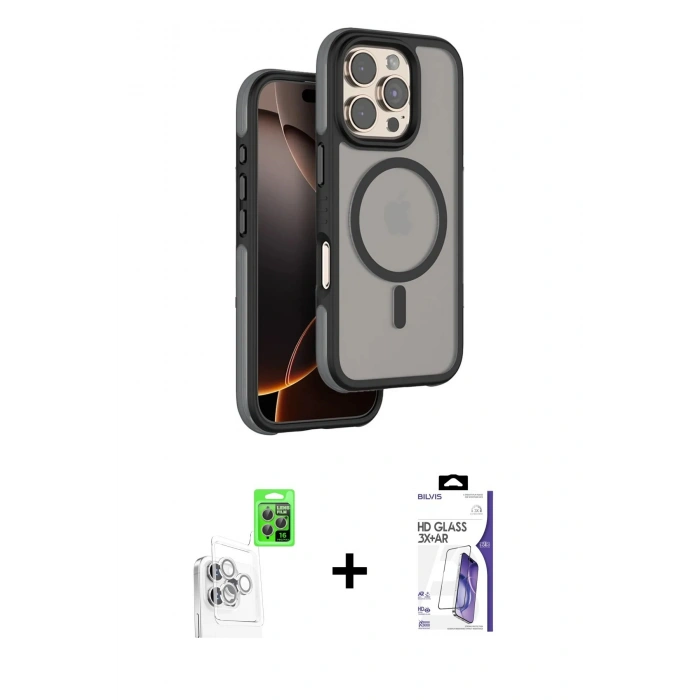 MARSİLYAN™- iPhone 16 Pro Max Kılıf Çekirdek Minimal Prime - Siyah Bilvis 3X AR HD Cam Ekran Koruyucu + Raze Metal Kamera Lens - BZ