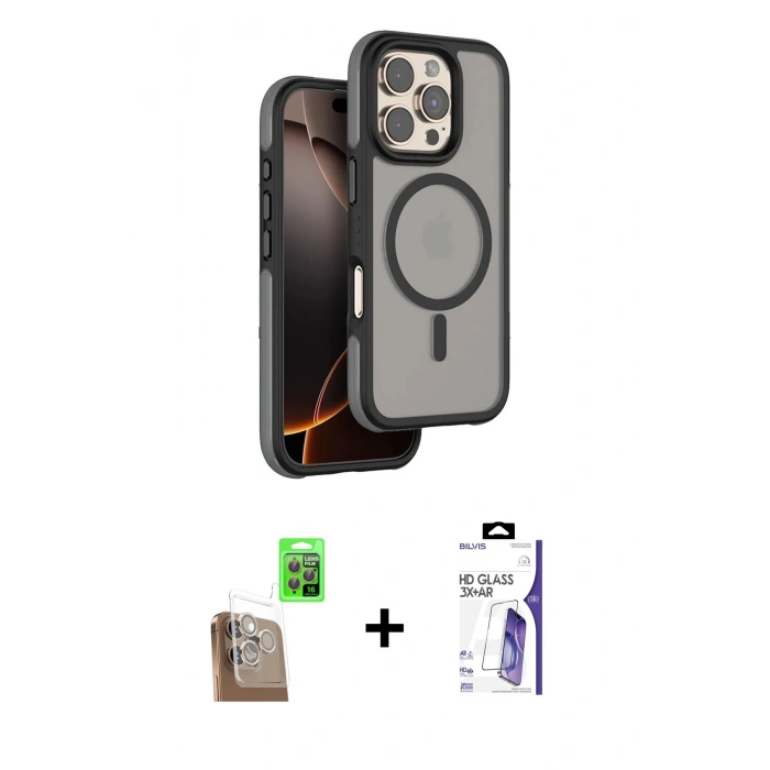 MARSİLYAN™- iPhone 16 Pro Max Kılıf Çekirdek Minimal Prime - Siyah Bilvis 3X AR HD Cam Ekran Koruyucu + Raze Metal Kamera Lens - CLTM