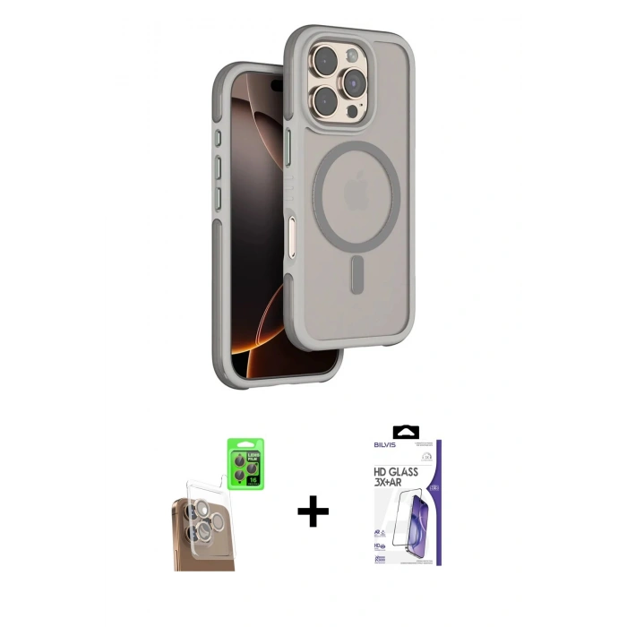 MARSİLYAN™- iPhone 16 Pro Max Kılıf Çekirdek Minimal Prime - Siyah Bilvis 3X AR HD Cam Ekran Koruyucu + Raze Metal Kamera Lens - CLTM