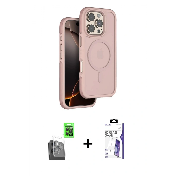 MARSİLYAN™- iPhone 16 Pro Max Kılıf Çekirdek Minimal Prime - Siyah Bilvis 3X AR HD Cam Ekran Koruyucu + Raze Metal Kamera Lens - SH