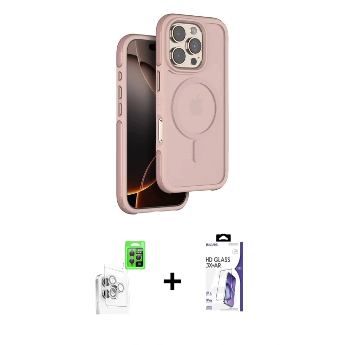 MARSİLYAN™- iPhone 16 Pro Max Kılıf Çekirdek Minimal Prime - Siyah Bilvis 3X AR HD Cam Ekran Koruyucu + Raze Metal Kamera Lens - BZ