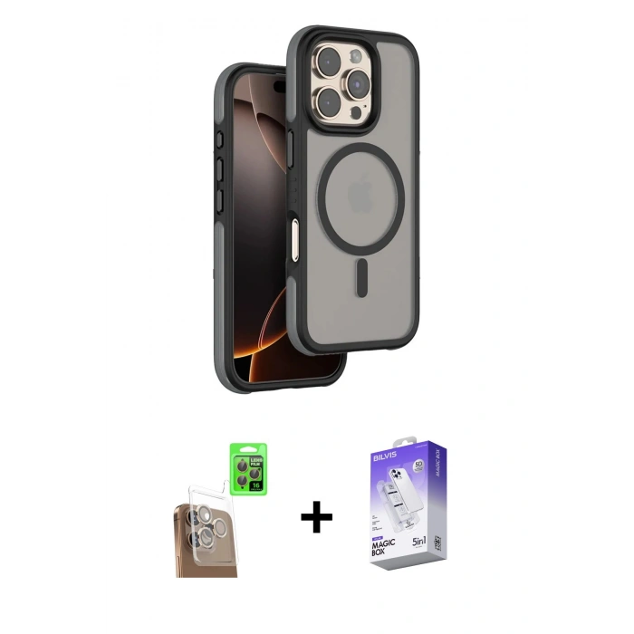 MARSİLYAN™- iPhone 16 Pro Max Kılıf Çekirdek Minimal Prime - Siyah Bilvis 5in1 3D Magic Cam Ekran Koruyucu + Raze Metal Kamera Lens - CLTM