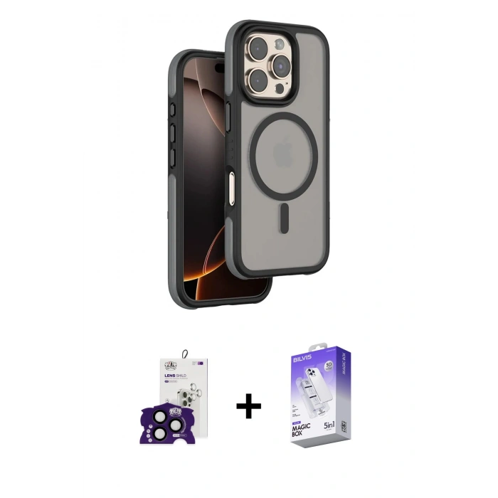MARSİLYAN™- iPhone 16 Pro Max Kılıf Çekirdek Minimal Prime - Siyah Bilvis 5in1 3D Magic Cam Ekran Koruyucu + Bilvis Titan Kamera Lens - SH