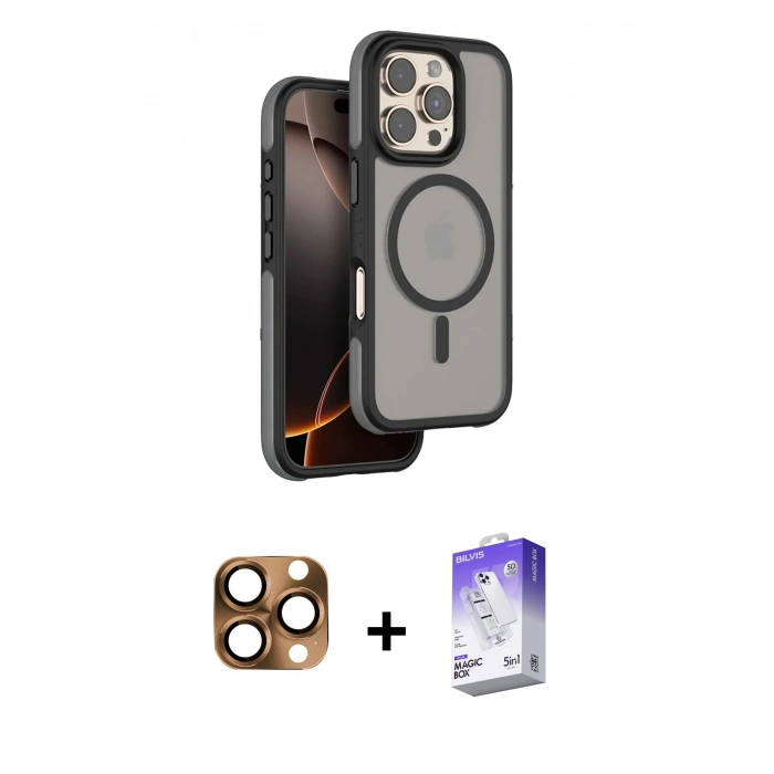 MARSİLYAN™- iPhone 16 Pro Max Kılıf Çekirdek Minimal Prime - Siyah Bilvis 5in1 3D Magic Cam Ekran Koruyucu + Pers Alüminyum Kamera Lens - CLTM
