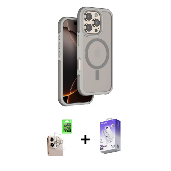 MARSİLYAN™- iPhone 16 Pro Max Kılıf Çekirdek Minimal Prime - Siyah Bilvis 5in1 3D Magic Cam Ekran Koruyucu + Raze Metal Kamera Lens - NLGY