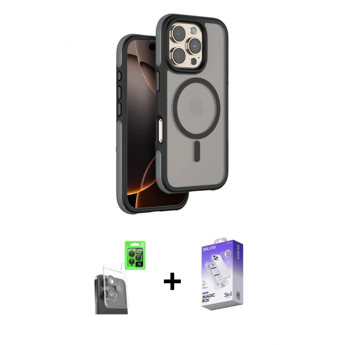 MARSİLYAN™- iPhone 16 Pro Max Kılıf Çekirdek Minimal Prime - Siyah Bilvis 5in1 3D Magic Cam Ekran Koruyucu + Raze Metal Kamera Lens - SH