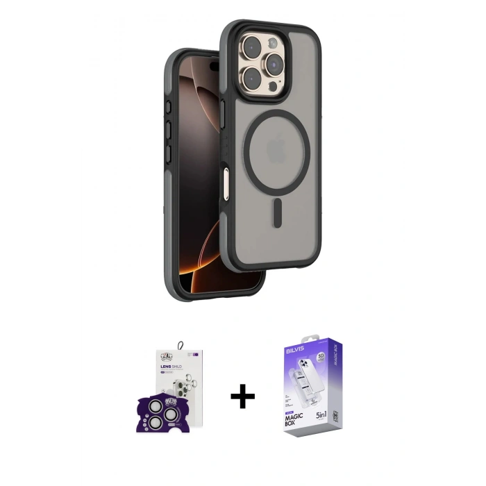 MARSİLYAN™- iPhone 16 Pro Max Kılıf Çekirdek Minimal Prime - Siyah Bilvis 5in1 3D Magic Cam Ekran Koruyucu + Bilvis Titan Kamera Lens - GS