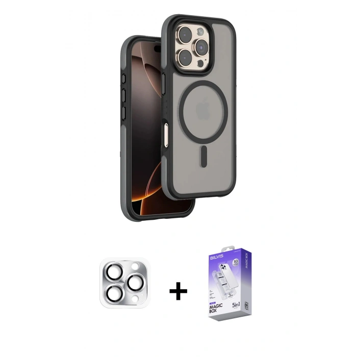 MARSİLYAN™- iPhone 16 Pro Max Kılıf Çekirdek Minimal Prime - Siyah Bilvis 5in1 3D Magic Cam Ekran Koruyucu + Pers Alüminyum Kamera Lens - GS