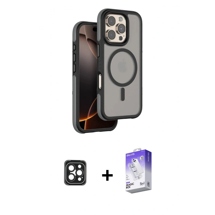 MARSİLYAN™- iPhone 16 Pro Max Kılıf Çekirdek Minimal Prime - Siyah Bilvis 5in1 3D Magic Cam Ekran Koruyucu + Siyah PVD Metal Kamera Lens