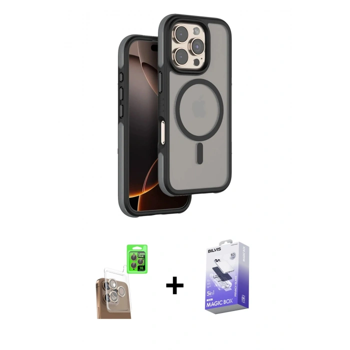 MARSİLYAN™- iPhone 16 Pro Max Kılıf Çekirdek Minimal Prime - Siyah Bilvis 5in1 5D Magic Hayalet Cam Ekran Koruyucu + Raze Metal Kamera Lens - CLTM