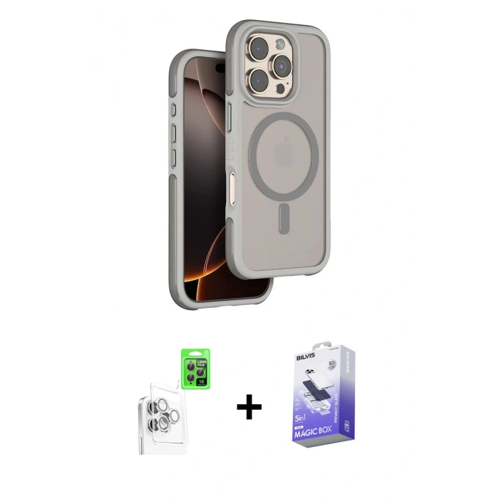 MARSİLYAN™- iPhone 16 Pro Max Kılıf Çekirdek Minimal Prime - Siyah Bilvis 5in1 5D Magic Hayalet Cam Ekran Koruyucu + Raze Metal Kamera Lens - BZ