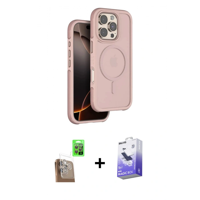 MARSİLYAN™- iPhone 16 Pro Max Kılıf Çekirdek Minimal Prime - Siyah Bilvis 5in1 5D Magic Hayalet Cam Ekran Koruyucu + Raze Metal Kamera Lens - CLTM