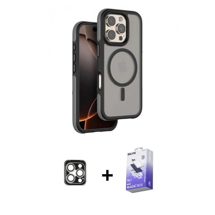 MARSİLYAN™- iPhone 16 Pro Max Kılıf Çekirdek Minimal Prime - Siyah Bilvis 5in1 5D Magic Hayalet Cam Ekran Koruyucu + Gümüş PVD Metal Kamera Lens