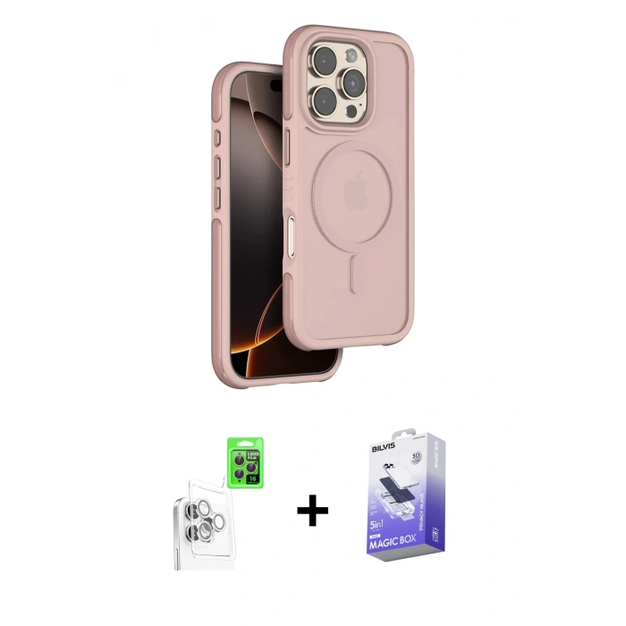 MARSİLYAN™- iPhone 16 Pro Max Kılıf Çekirdek Minimal Prime - Siyah Bilvis 5in1 5D Magic Hayalet Cam Ekran Koruyucu + Raze Metal Kamera Lens - BZ
