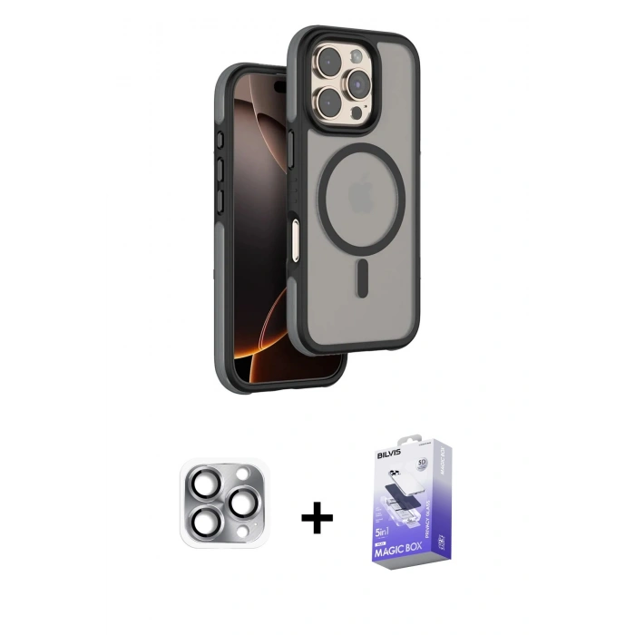 MARSİLYAN™- iPhone 16 Pro Max Kılıf Çekirdek Minimal Prime - Siyah Bilvis 5in1 5D Magic Hayalet Cam Ekran Koruyucu + Pers Alüminyum Kamera Lens - GI