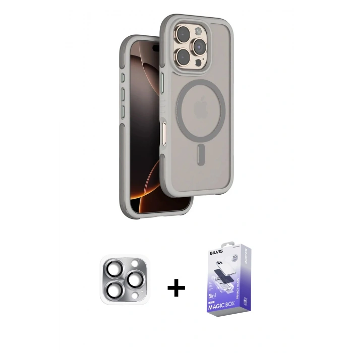 MARSİLYAN™- iPhone 16 Pro Max Kılıf Çekirdek Minimal Prime - Siyah Bilvis 5in1 5D Magic Hayalet Cam Ekran Koruyucu + Pers Alüminyum Kamera Lens - GI