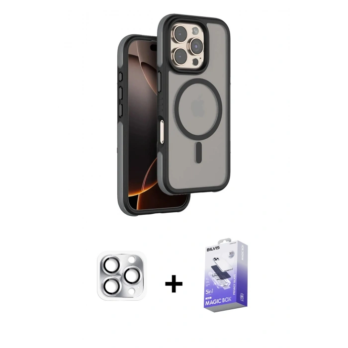 MARSİLYAN™- iPhone 16 Pro Max Kılıf Çekirdek Minimal Prime - Siyah Bilvis 5in1 5D Magic Hayalet Cam Ekran Koruyucu + Pers Alüminyum Kamera Lens - GS