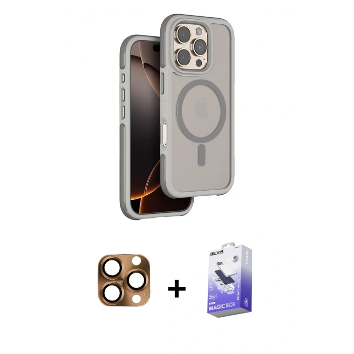 MARSİLYAN™- iPhone 16 Pro Max Kılıf Çekirdek Minimal Prime - Siyah Bilvis 5in1 5D Magic Hayalet Cam Ekran Koruyucu + Pers Alüminyum Kamera Lens - CLTM