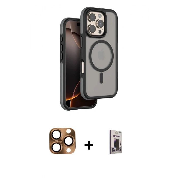 MARSİLYAN™- iPhone 16 Pro Max Kılıf Çekirdek Minimal Prime - Siyah Bilvis Hayalet Cam Ekran Koruyucu + Pers Alüminyum Kamera Lens - CLTM