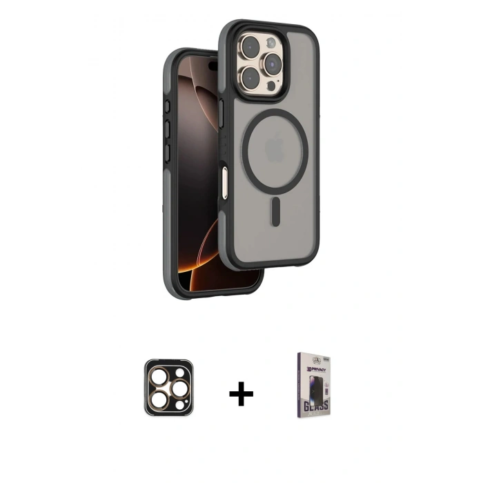 MARSİLYAN™- iPhone 16 Pro Max Kılıf Çekirdek Minimal Prime - Siyah Bilvis Hayalet Cam Ekran Koruyucu + Gold PVD Metal Kamera Lens