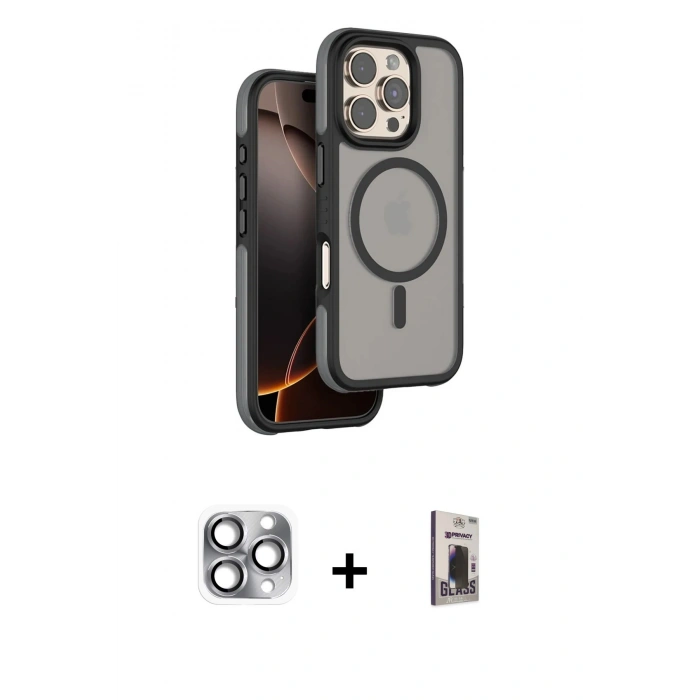 MARSİLYAN™- iPhone 16 Pro Max Kılıf Çekirdek Minimal Prime - Siyah Bilvis Hayalet Cam Ekran Koruyucu + Pers Alüminyum Kamera Lens - GI