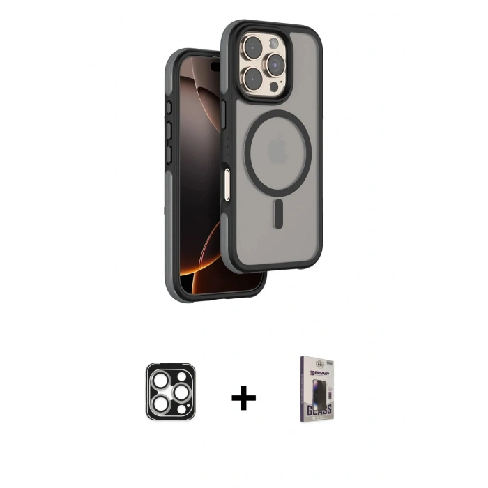 MARSİLYAN™- iPhone 16 Pro Max Kılıf Çekirdek Minimal Prime - Siyah Bilvis Hayalet Cam Ekran Koruyucu + PVD Metal Kamera Lens - GS