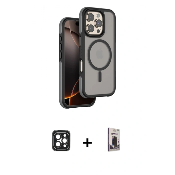 MARSİLYAN™- iPhone 16 Pro Max Kılıf Çekirdek Minimal Prime - Siyah Bilvis Hayalet Cam Ekran Koruyucu + PVD Metal Kamera Lens - SH