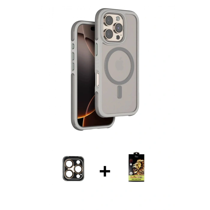 MARSİLYAN™- iPhone 16 Pro Max Kılıf Çekirdek Minimal Prime - Siyah Buffer Cam Ekran Koruyucu + Gold PVD Metal Kamera Lens