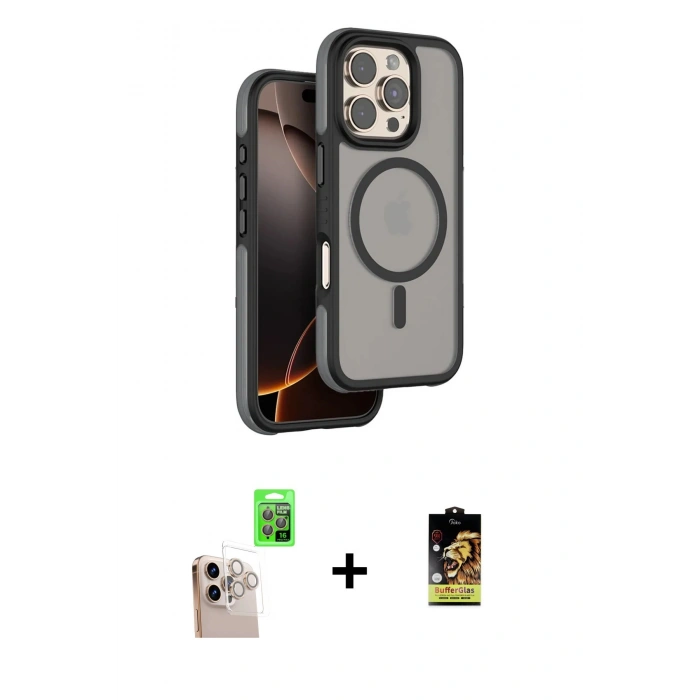 MARSİLYAN™- iPhone 16 Pro Max Kılıf Çekirdek Minimal Prime - Siyah Buffer Cam Ekran Koruyucu + Raze Metal Kamera Lens - NLGY