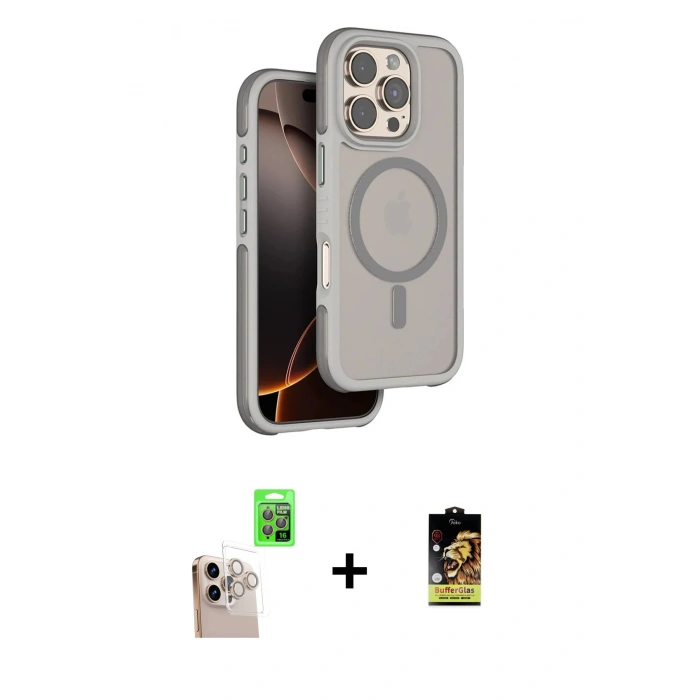 MARSİLYAN™- iPhone 16 Pro Max Kılıf Çekirdek Minimal Prime - Siyah Buffer Cam Ekran Koruyucu + Raze Metal Kamera Lens - NLGY