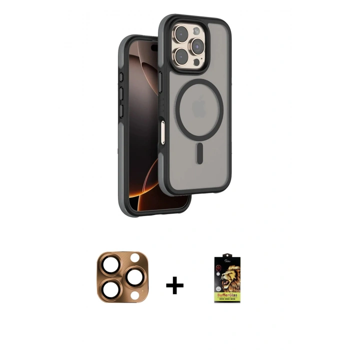 MARSİLYAN™- iPhone 16 Pro Max Kılıf Çekirdek Minimal Prime - Siyah Buffer Cam Ekran Koruyucu + Pers Alüminyum Kamera Lens - CLTM